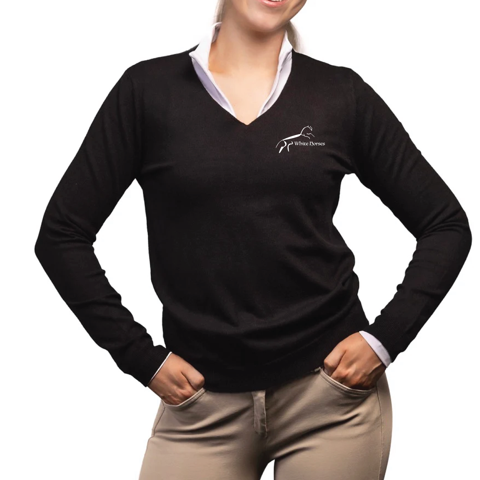 White Horses LLC Women's TKEQ Essential V-Neck Sweater